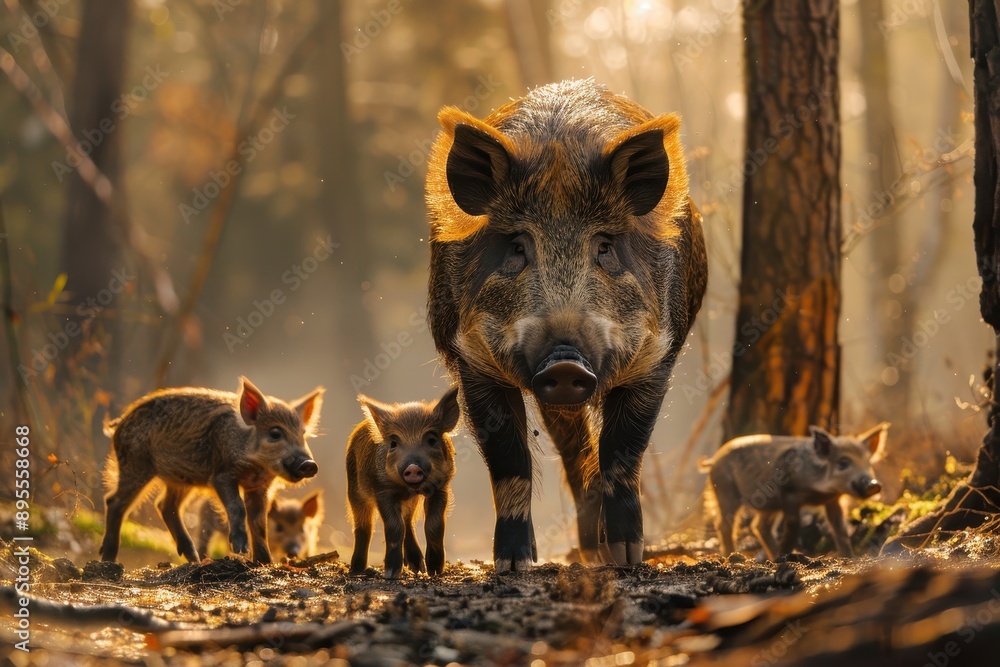 A stunning image of a European wild boar with its piglets, rooting around in a forest. A stunning image of a European wild boar with its piglets, rooting around in a forest.