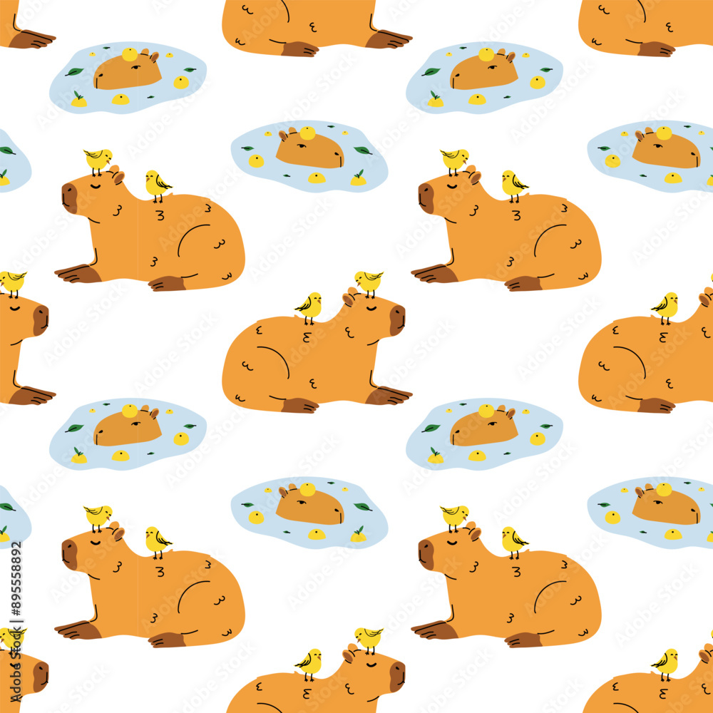 Seamless pattern with cute cartoon capybara illustration. South America fauna. Seamless pattern with cute cartoon capybara illustration. South America fauna.