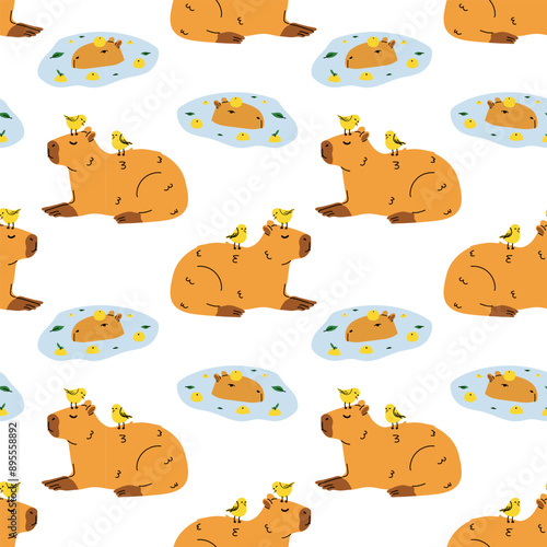 Seamless pattern with cute cartoon capybara illustration. South America fauna.