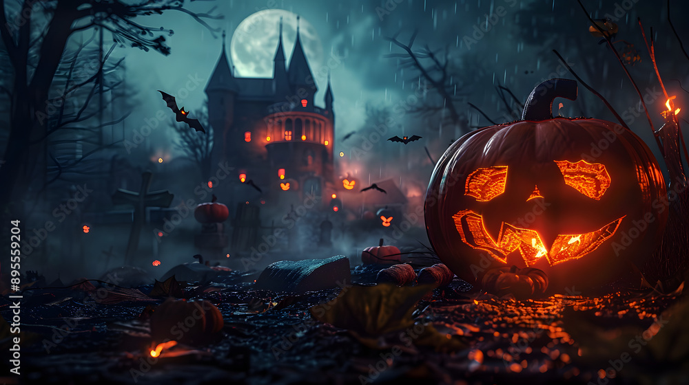 Halloween night scene background with castle with halloween pumpkin within flames in the graveyard and bats in the night, AI Generation Halloween night scene background with castle with halloween pumpkin within flames in the graveyard and bats in the night, AI Generation