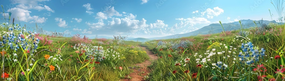 Adventure trail with blooming wildflowers in meadow, wildflower trail, vibrancy and growth Adventure trail with blooming wildflowers in meadow, wildflower trail, vibrancy and growth