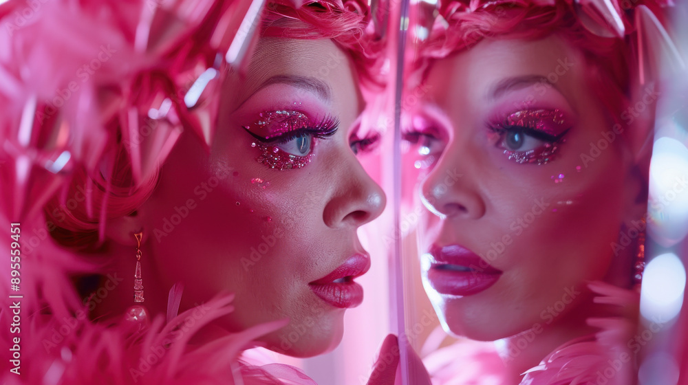 Obraz premium Drag queen with pink makeup examining her reflection in a mirror, a close-up view of her stunning look