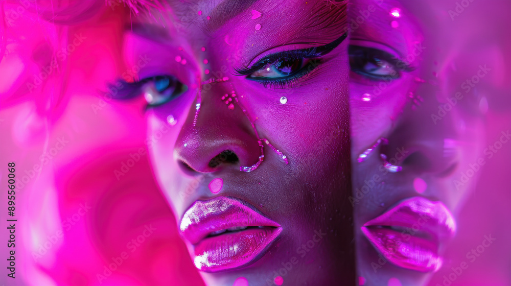 Drag queen with striking pink makeup captured in a mirror reflection, a close-up image of her fierce expression Drag queen with striking pink makeup captured in a mirror reflection, a close-up image of her fierce expression