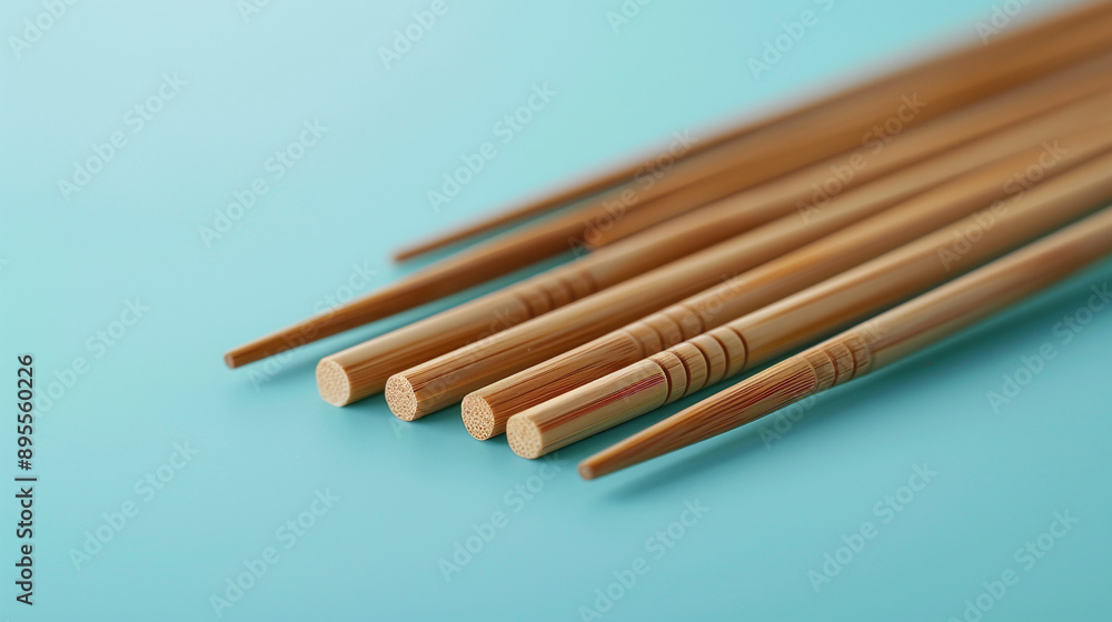 A set of bamboo chopsticks with detailed engravings isolated on a light blue background with ample copy space. A set of bamboo chopsticks with detailed engravings isolated on a light blue background with ample copy space.