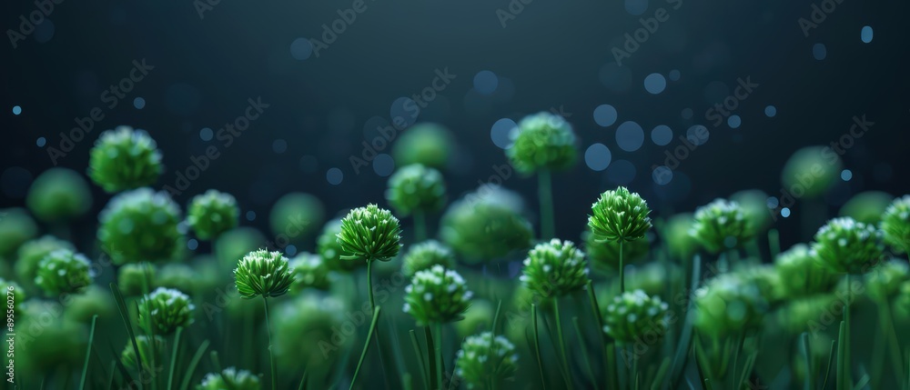 Chives float delicately in the air against a glowing garden backdrop in an ultramodern, supernatural scene banner with copy space Chives float delicately in the air against a glowing garden backdrop in an ultramodern, supernatural scene banner with copy space