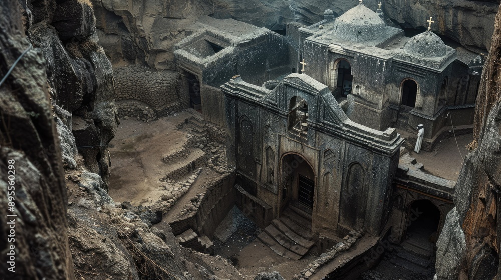 A rustic Ethiopian Orthodox church carved into a rock, showcasing its ancient and unique architecture. A rustic Ethiopian Orthodox church carved into a rock, showcasing its ancient and unique architecture.