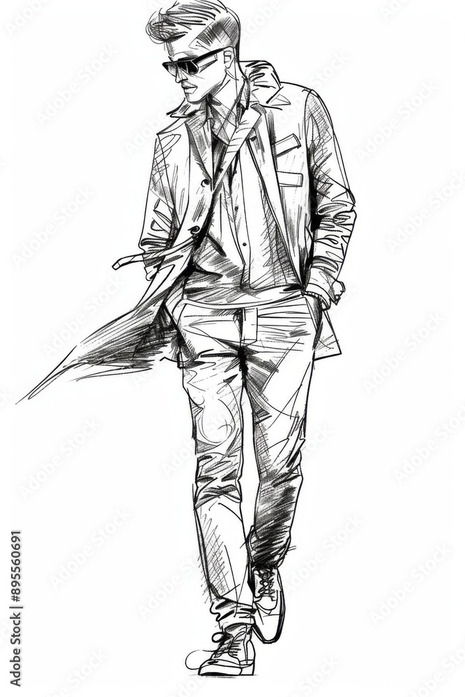 Fototapeta premium Modern High Fashion Sketches on White Paper Showcasing Male Stylish and Contemporary Designer Clothing
