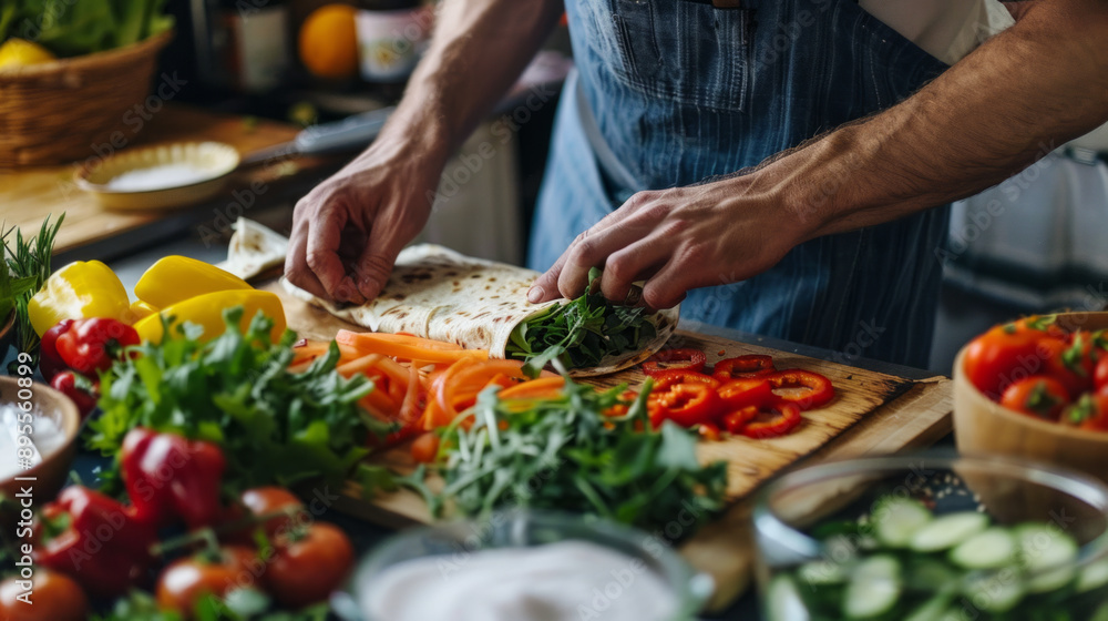 A man preparing a healthy wrap in a kitchen A man preparing a healthy wrap in a kitchen