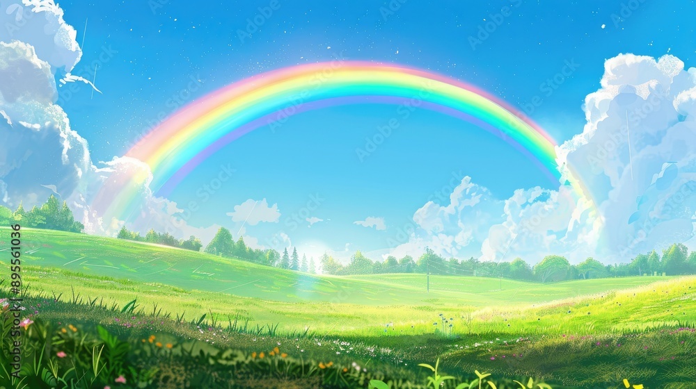 A vibrant rainbow spanning across a clear blue sky, with lush green fields below. A vibrant rainbow spanning across a clear blue sky, with lush green fields below.