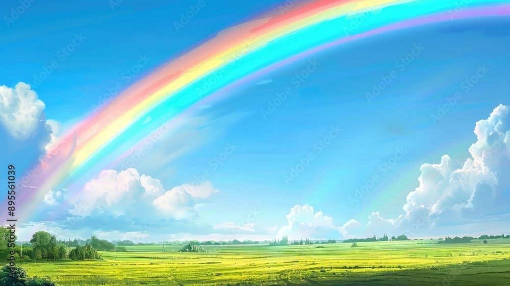 A vibrant rainbow spanning across a clear blue sky, with lush green fields below. A vibrant rainbow spanning across a clear blue sky, with lush green fields below.