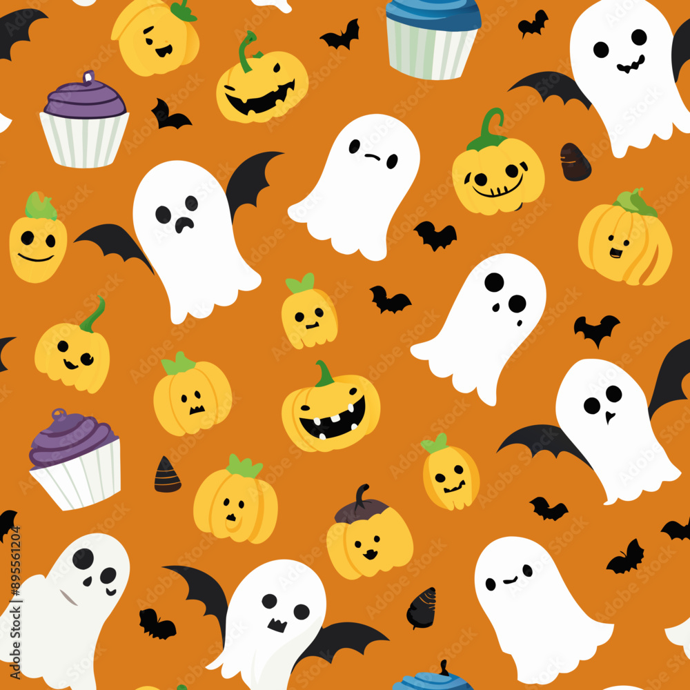 Ghost-Shaped Cookies and Cupcakes Seamless Pattern. Perfect for: Halloween, festive parties, spooky events Ghost-Shaped Cookies and Cupcakes Seamless Pattern. Perfect for: Halloween, festive parties, spooky events