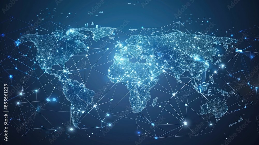 A world map with connecting lines representing global commerce. A world map with connecting lines representing global commerce.