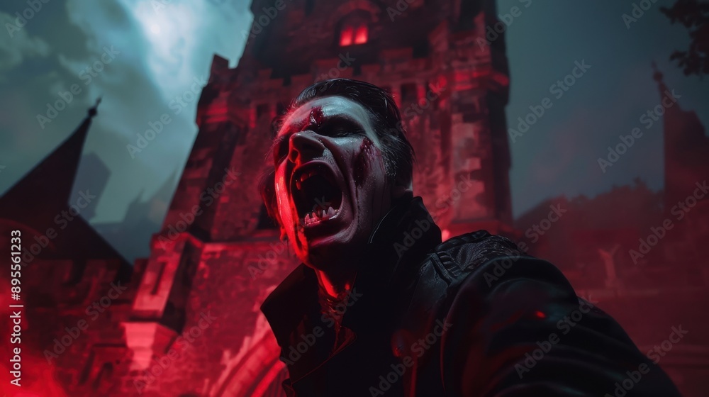 A vampire in front of a gloomy, red-lit castle, expressing anger or hunger. Dramatic, eerie ambiance for horror themes. A vampire in front of a gloomy, red-lit castle, expressing anger or hunger. Dramatic, eerie ambiance for horror themes.
