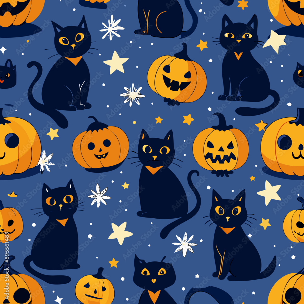 Black Cats and Carved Pumpkins Seamless Pattern. Perfect for: Halloween, mystical events, spooky night Black Cats and Carved Pumpkins Seamless Pattern. Perfect for: Halloween, mystical events, spooky night
