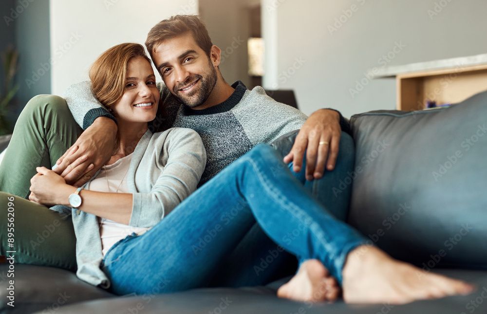 Couple, portrait and relax on couch at home for comfort, love and bonding time together with trust and care. Man, woman and happy in living room for connection, peace or support on weekend with smile Couple, portrait and relax on couch at home for comfort, love and bonding time together with trust and care. Man, woman and happy in living room for connection, peace or support on weekend with smile