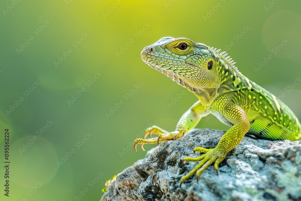 A vibrant image of a European green lizard basking on a sunny rock. A vibrant image of a European green lizard basking on a sunny rock.