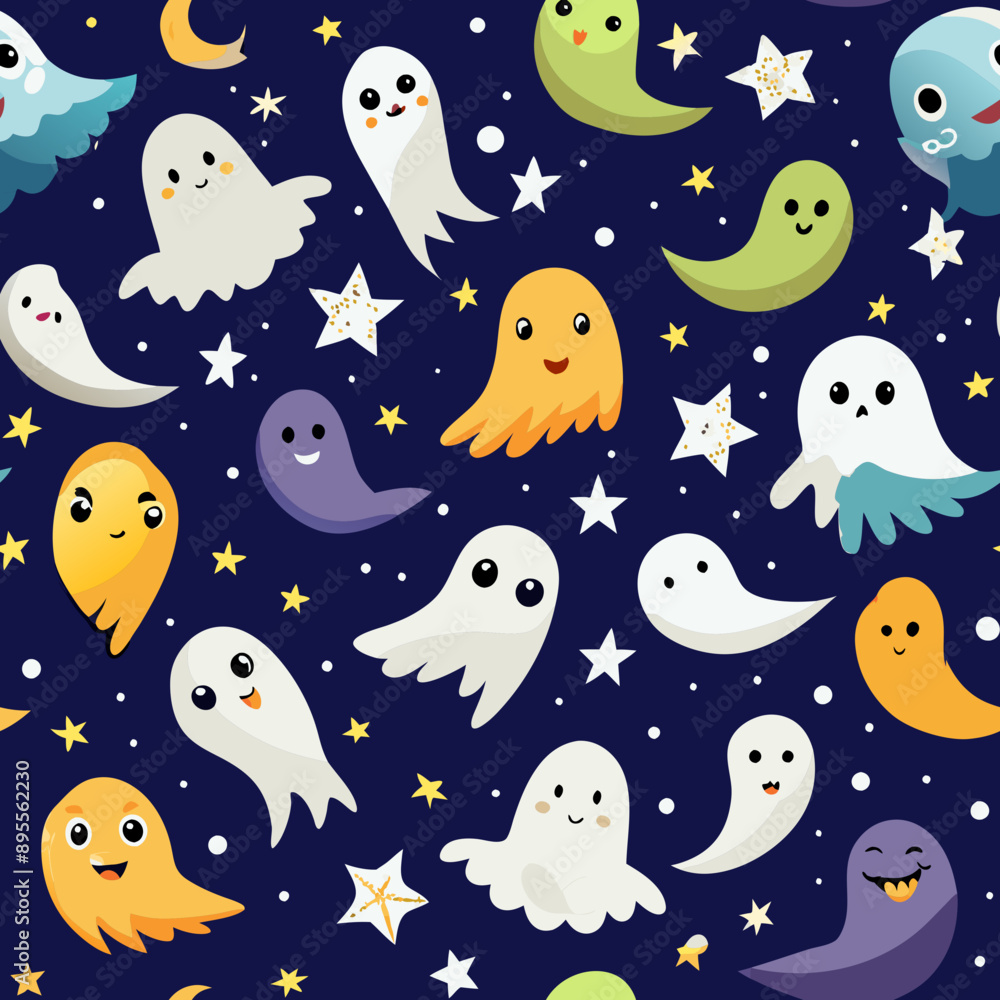Flying Ghosts and Full Moon Seamless Pattern. Perfect for: Halloween, spooky night, haunted events Flying Ghosts and Full Moon Seamless Pattern. Perfect for: Halloween, spooky night, haunted events