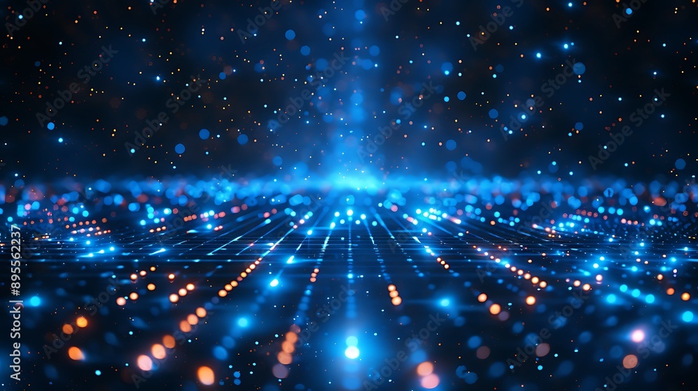 Obraz premium Exploring the Depths of Digital Innovation: A Mesmerizing Visual of Glowing Particles and Data Flow in a Futuristic Blue Environment