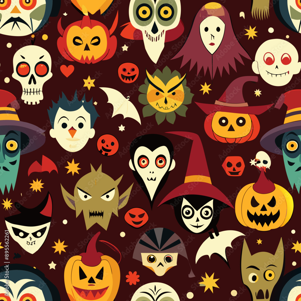 Halloween Masks Seamless Pattern. Perfect for: Halloween, mask parties, spooky events Halloween Masks Seamless Pattern. Perfect for: Halloween, mask parties, spooky events