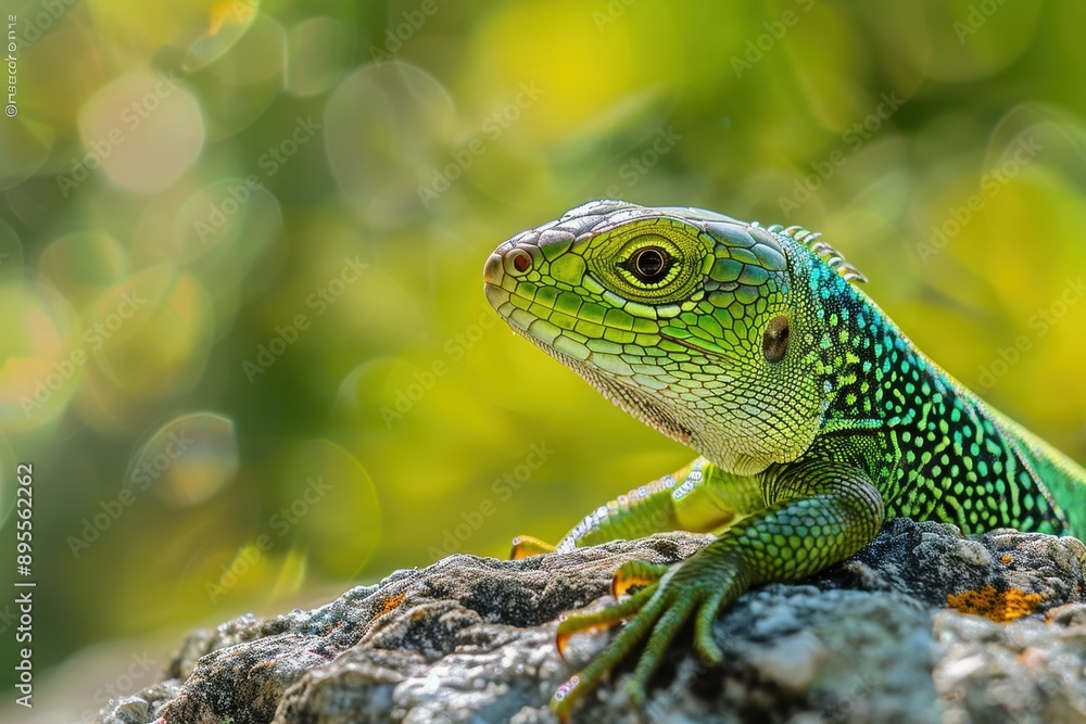 Obraz premium A vibrant image of a European green lizard basking on a sunny rock.