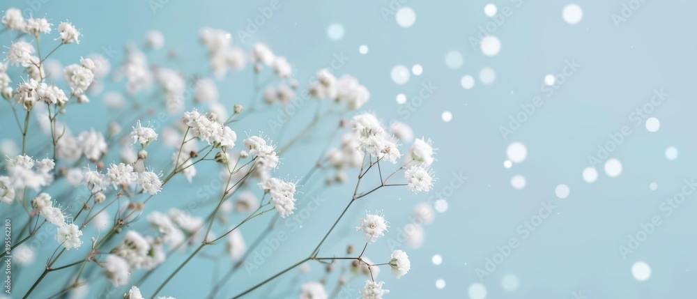 Gypsophila flowers create a delicate, starry effect as they float in a shimmering breeze in an ultramodern, supernatural scene banner with copy space Gypsophila flowers create a delicate, starry effect as they float in a shimmering breeze in an ultramodern, supernatural scene banner with copy space
