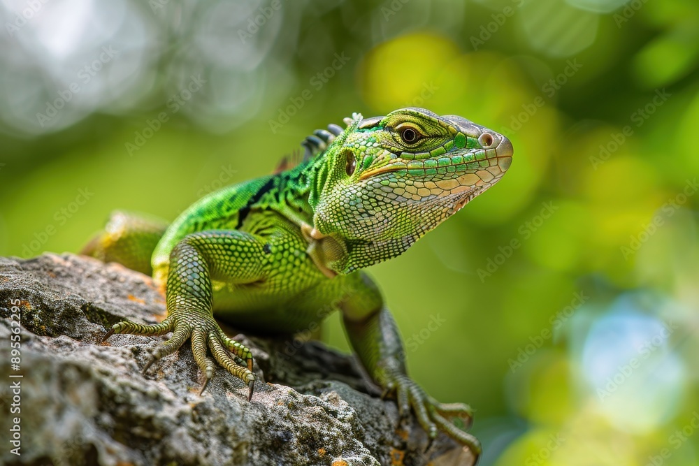 A vibrant image of a European green lizard basking on a sunny rock. A vibrant image of a European green lizard basking on a sunny rock.