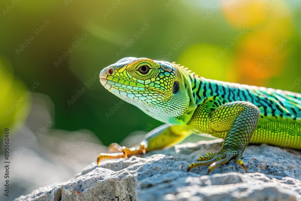 A vibrant image of a European green lizard basking on a sunny rock. A vibrant image of a European green lizard basking on a sunny rock.