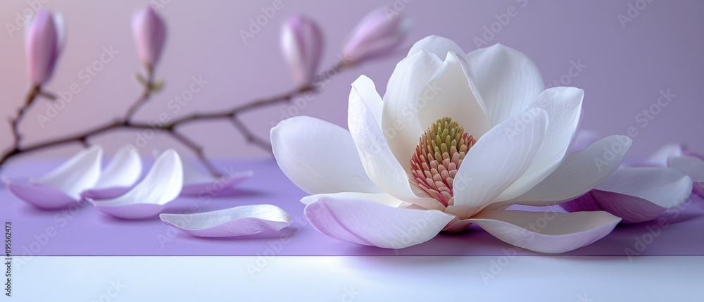 Elegant White and Pink Magnolia Flower with Petals on Pastel Background Elegant White and Pink Magnolia Flower with Petals on Pastel Background