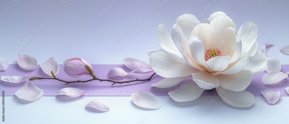 Elegant White Magnolia Flower with Pink Petals on a Soft Purple Background Elegant White Magnolia Flower with Pink Petals on a Soft Purple Background