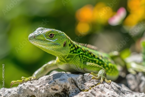 Wallpaper Mural A vibrant image of a European green lizard basking on a sunny rock. Torontodigital.ca