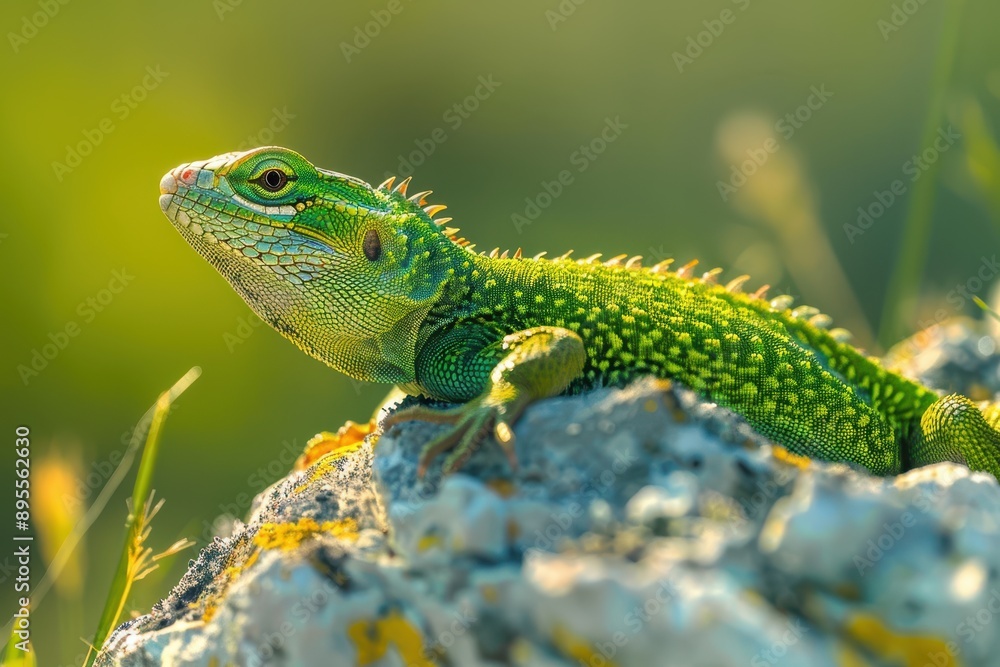 Fototapeta premium A vibrant image of a European green lizard basking on a sunny rock.