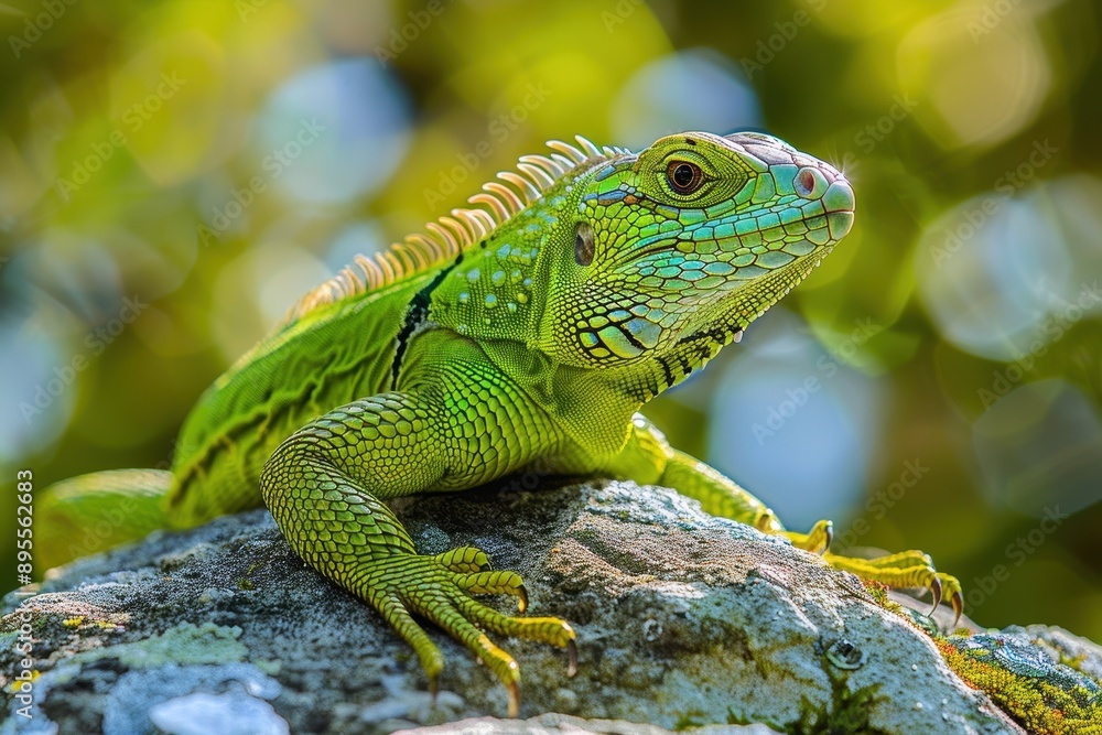 A vibrant image of a European green lizard basking on a sunny rock. A vibrant image of a European green lizard basking on a sunny rock.