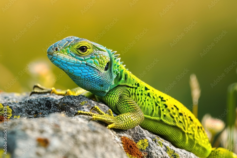 A vibrant image of a European green lizard basking on a sunny rock. A vibrant image of a European green lizard basking on a sunny rock.