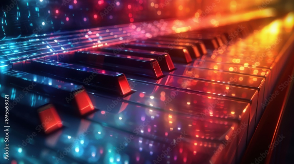 Colorful Illuminated Piano Keys with Vibrant Lights and Reflections in a Dark Room Colorful Illuminated Piano Keys with Vibrant Lights and Reflections in a Dark Room
