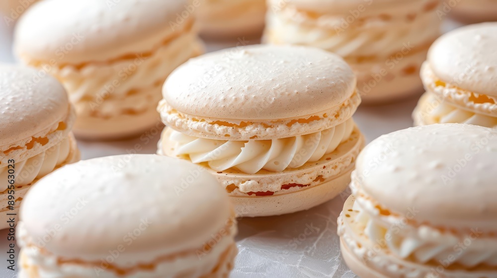 Macarons with their delicate shells bursting open, revealing creamy fillings Macarons with their delicate shells bursting open, revealing creamy fillings