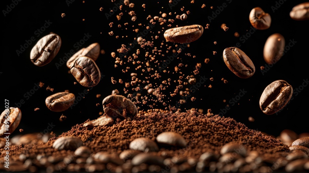 Flying Coffee Beans and Ground Coffee Explosion Flying Coffee Beans and Ground Coffee Explosion