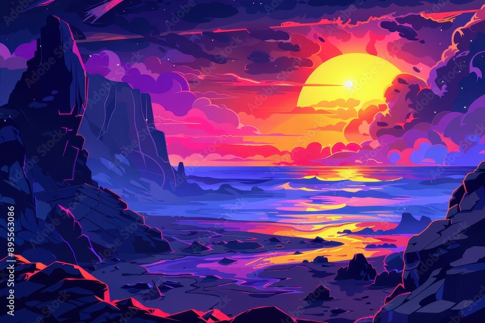 Vivid Sunset Over Rocky Seascape Vivid Sunset Over Rocky Seascape