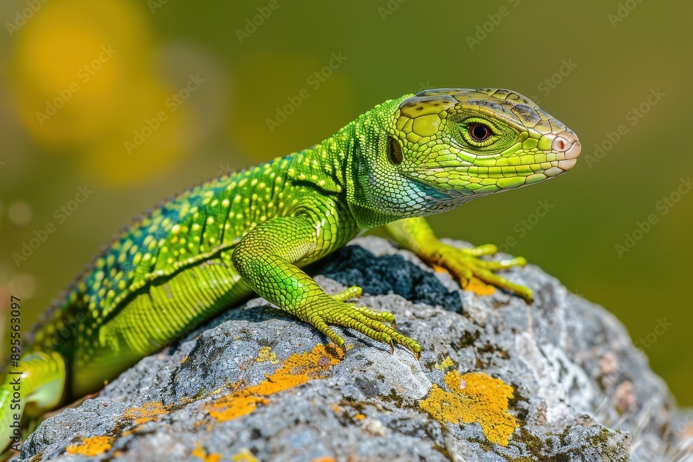 A vibrant image of a European green lizard basking on a sunny rock. A vibrant image of a European green lizard basking on a sunny rock.