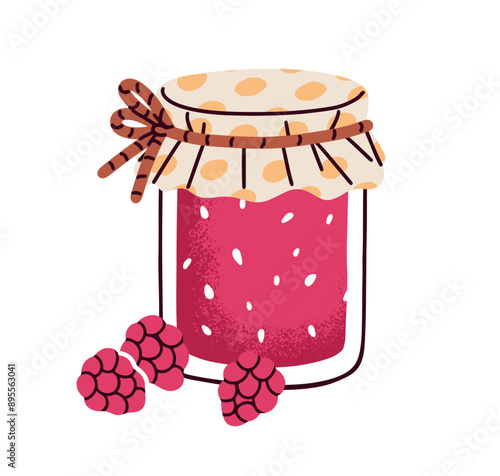 Raspberry jam jar. Sweet confiture, natural berry preserve. Homemade marmalade. Tasty summer treat. Conserved confection, fruit dessert. Flat vector illustration isolated on white background