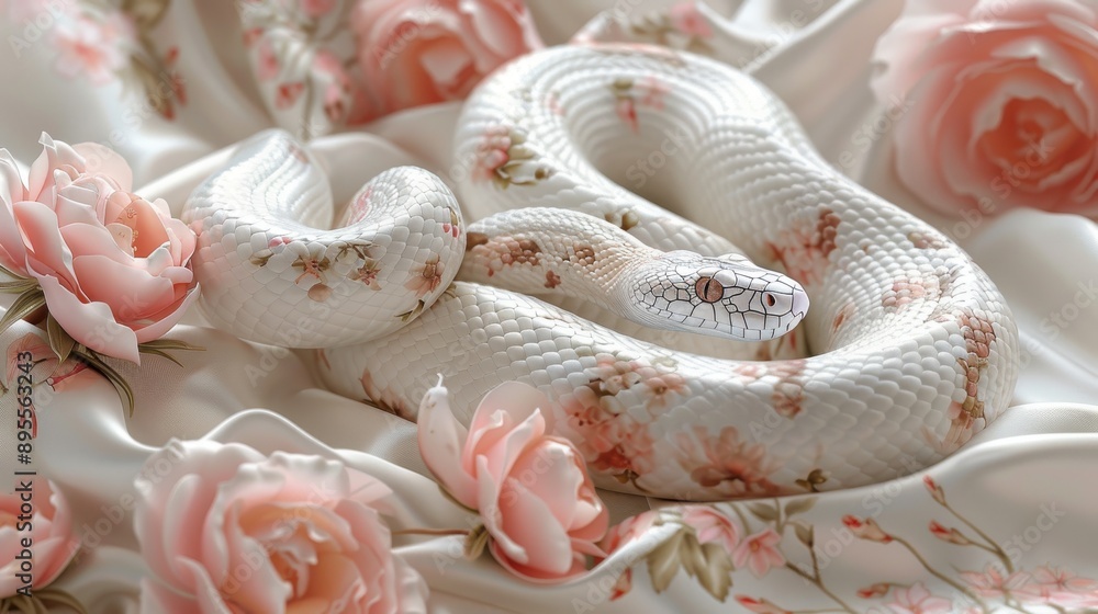 White Snake with Floral Patterns Among Pink Roses White Snake with Floral Patterns Among Pink Roses