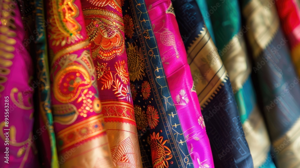Intricate patterns of Indian silk fabric, showcasing vibrant colors and delicate embroidery. Intricate patterns of Indian silk fabric, showcasing vibrant colors and delicate embroidery.