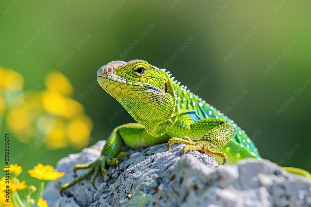 A vibrant image of a European green lizard basking on a sunny rock. A vibrant image of a European green lizard basking on a sunny rock.