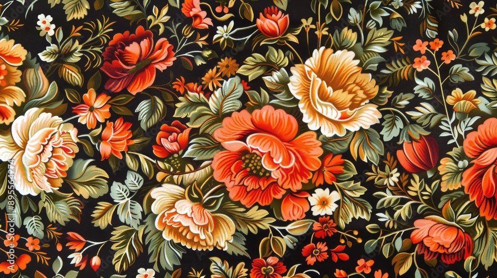 Fototapeta premium Traditional Russian Pavlovo Posad shawl fabric with floral designs.