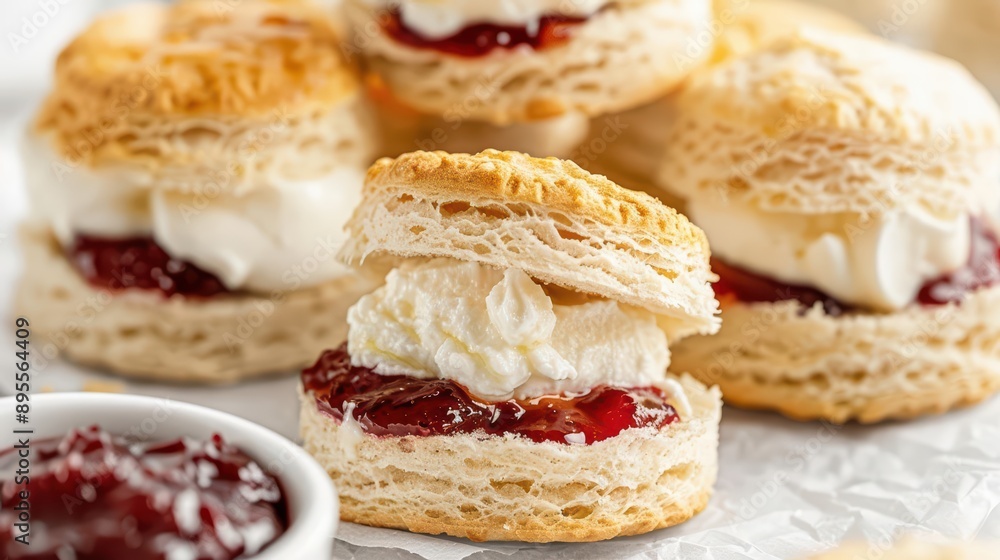 Scones split open, showcasing an ingredient burst of clotted cream and jam Scones split open, showcasing an ingredient burst of clotted cream and jam