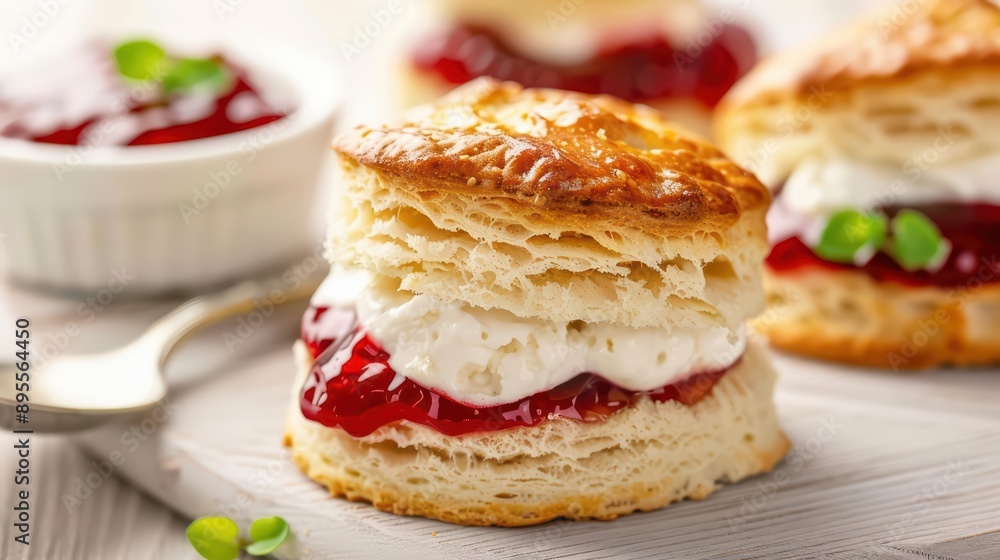 Scones split open, showcasing an ingredient burst of clotted cream and jam Scones split open, showcasing an ingredient burst of clotted cream and jam
