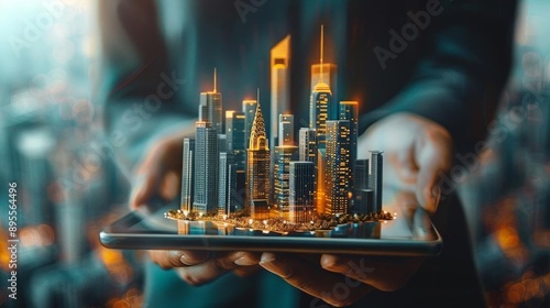 A futuristic concept image showcasing a hand holding a tablet with a three dimensional cityscape emerging from the screen The skyscrapers and modern buildings