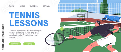 Tennis, sport school website, landing page layout. Web site, internet webpage design, template for court game lesson, training class, workout with player at tournament. Flat vector illustration