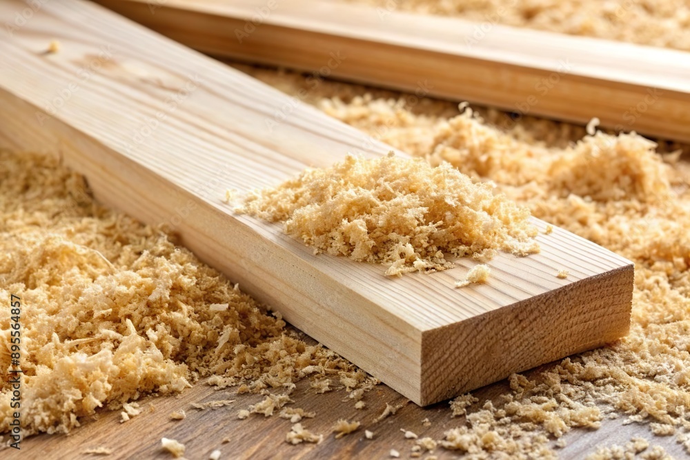 wood plank on sawdust pile. Carpentry industrial workshop wood plank on sawdust pile. Carpentry industrial workshop