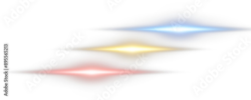 Set of realistic vector red, green, blue, gold and white stars png. Set of vector suns png. Red flares with highlights. Horizontal light lines, laser, flash.