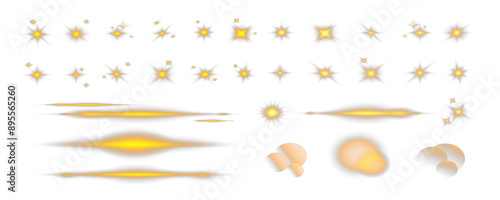 Set of realistic vector gold stars png. Set of vector suns png. Gold flares with highlights. Horizontal light lines, laser, flash.	